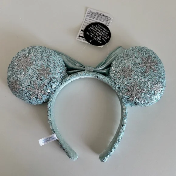 Disney Mickey Mouse Ears Headband Frozen Snowflakes Winter Blue Silver Sequins - Picture 3 of 4